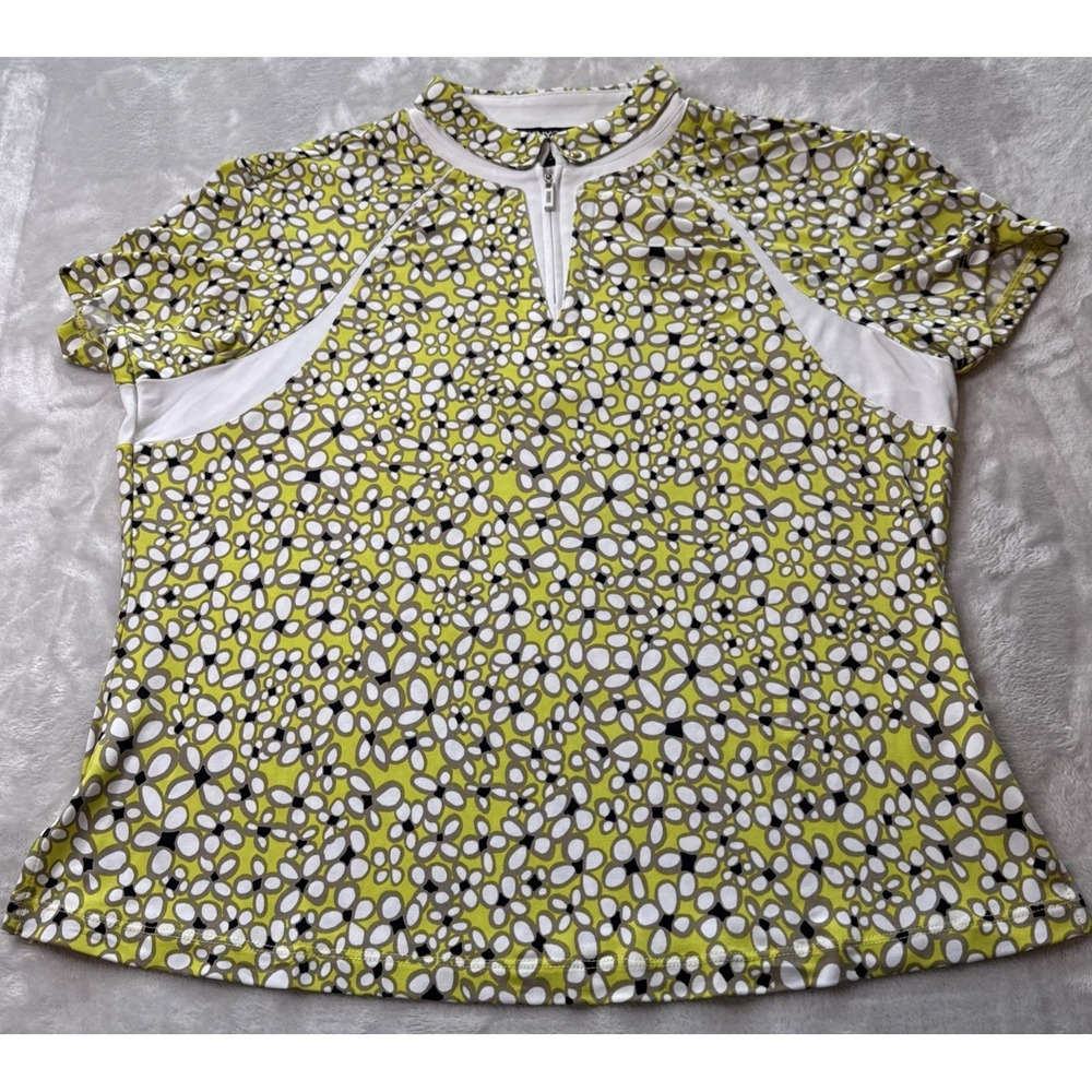 DKNY Golf Womens Quarter Zip Polo Shirt L Large Yellow White Floral Short Sleeve